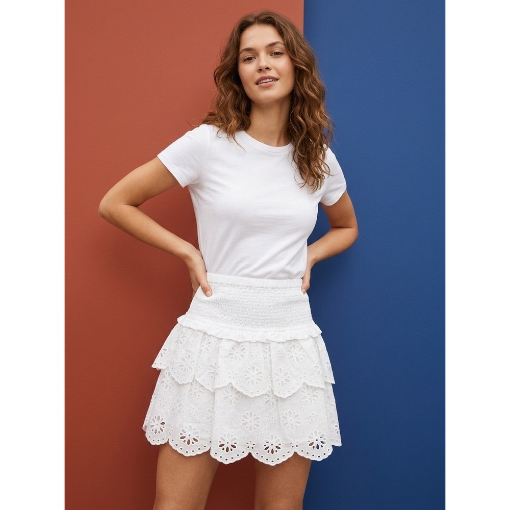 Michael Kors White Eyelet Tiered Mini Skirt Smocked Waist Cotton MS97EX5B1Y XS